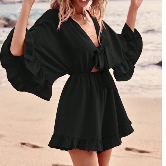 Boho Black Deep V neck Ruffle Sleeve Stretchy Waist Romper - Picture 2 of 6